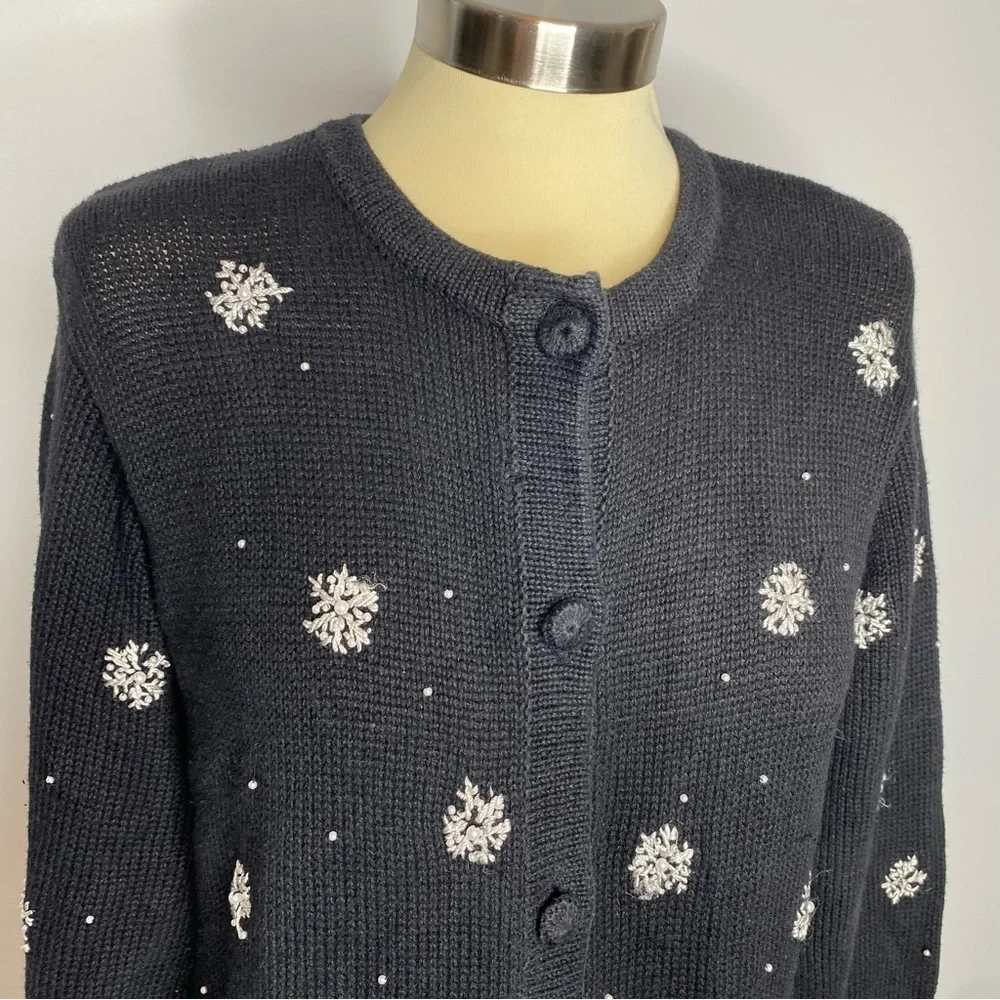 Victoria Jones Vintage Black Poinsettia Beaded Embroidered Cardigan Sweater